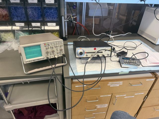 Lab bench with an analog oscilloscope, a signal/ultrasound generator box, and a small transducer array wired together on an absorbent pad; no people